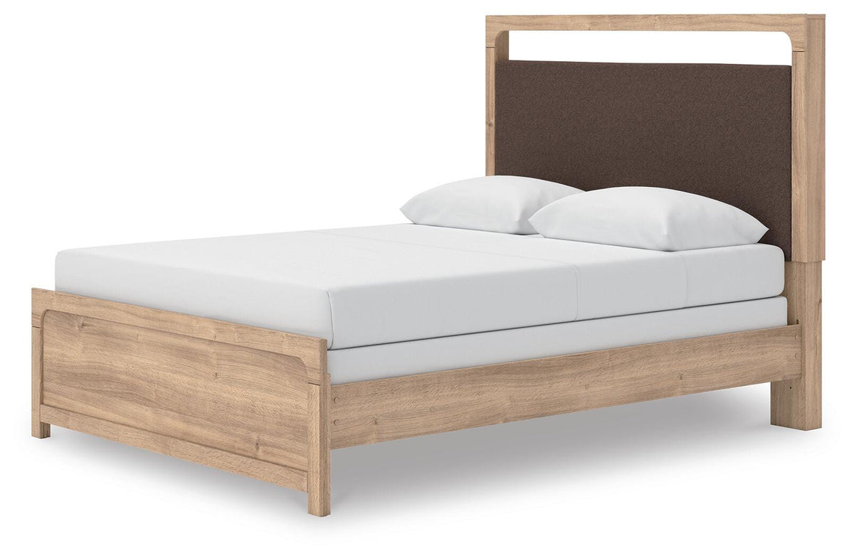 Kinlanni Queen Upholstered Panel Bed, Dresser and Mirror