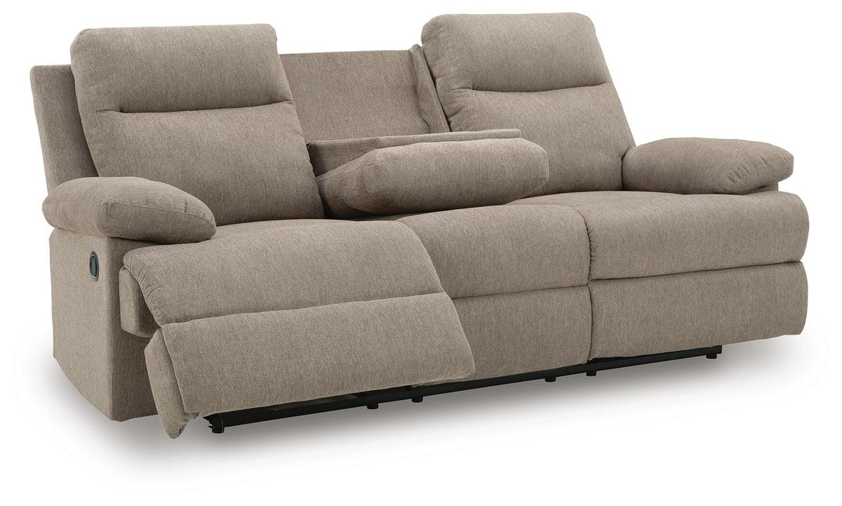 Side-Swipe Reclining Sofa with Drop Down Table