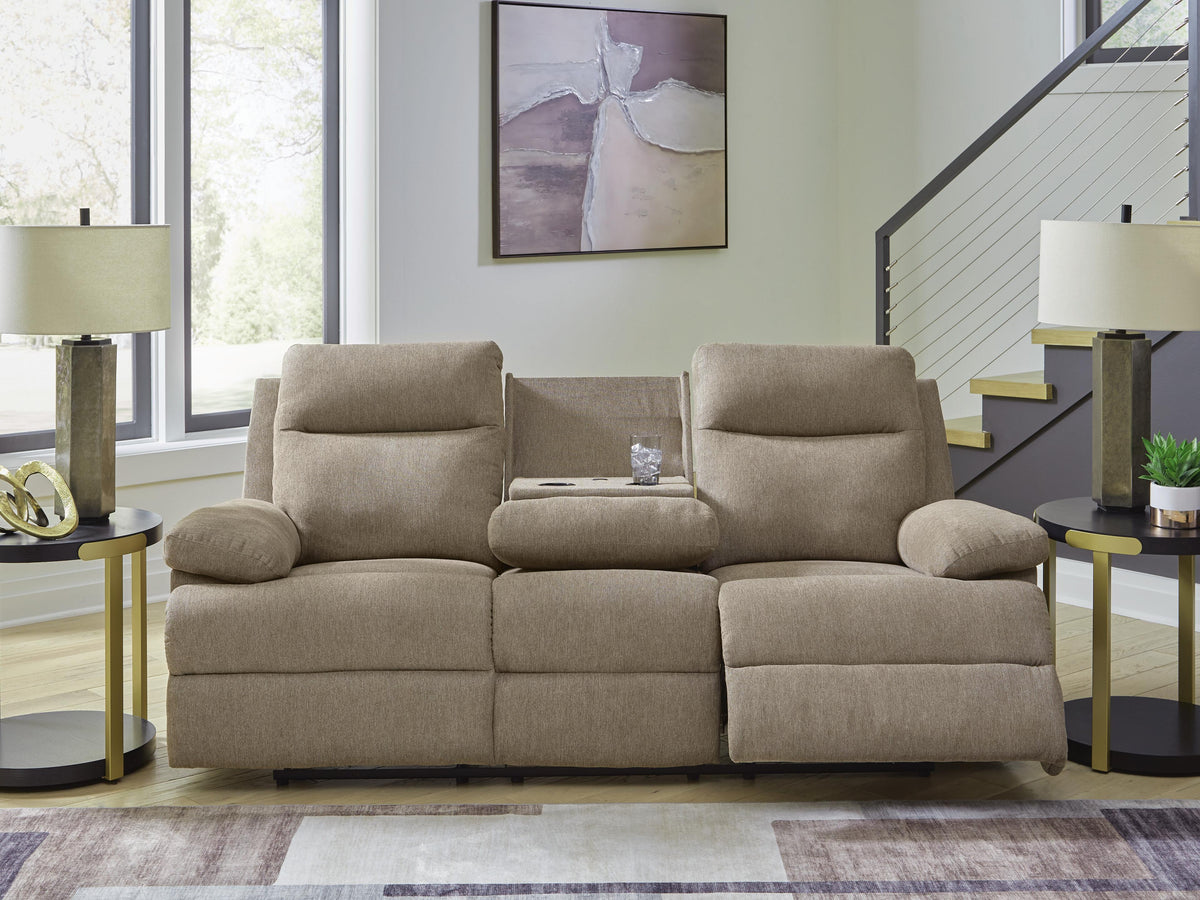 Side-Swipe Reclining Sofa with Drop Down Table