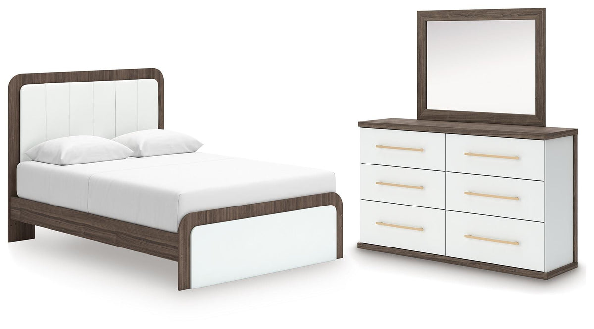 Kendanport Queen Upholstered Platform Bed, Dresser and Mirror