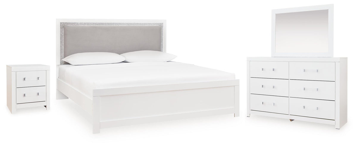 Maeling Queen Upholstered Panel Bed, Dresser, Mirror and Nightstand