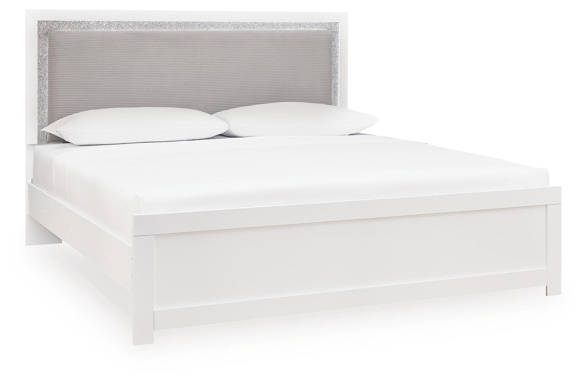 Maeling Queen Upholstered Panel Bed, Dresser, Mirror and Nightstand