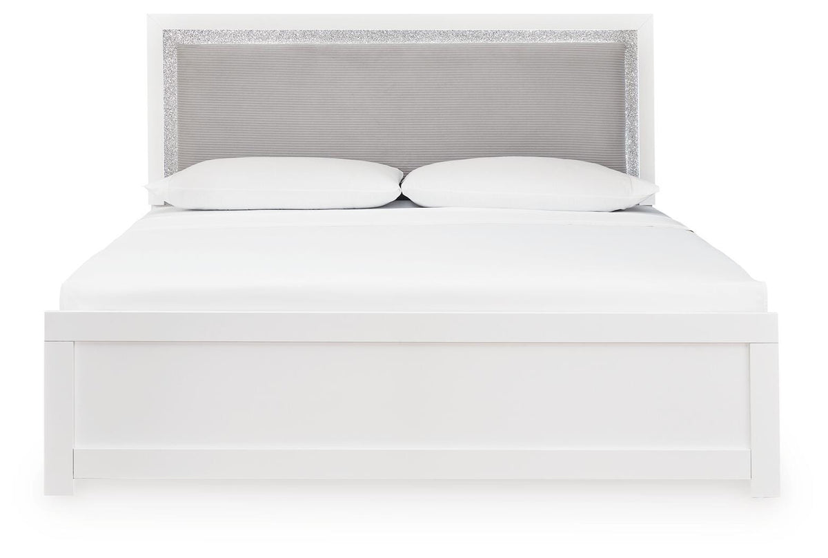 Maeling Queen Upholstered Panel Bed, Dresser, Mirror and Nightstand