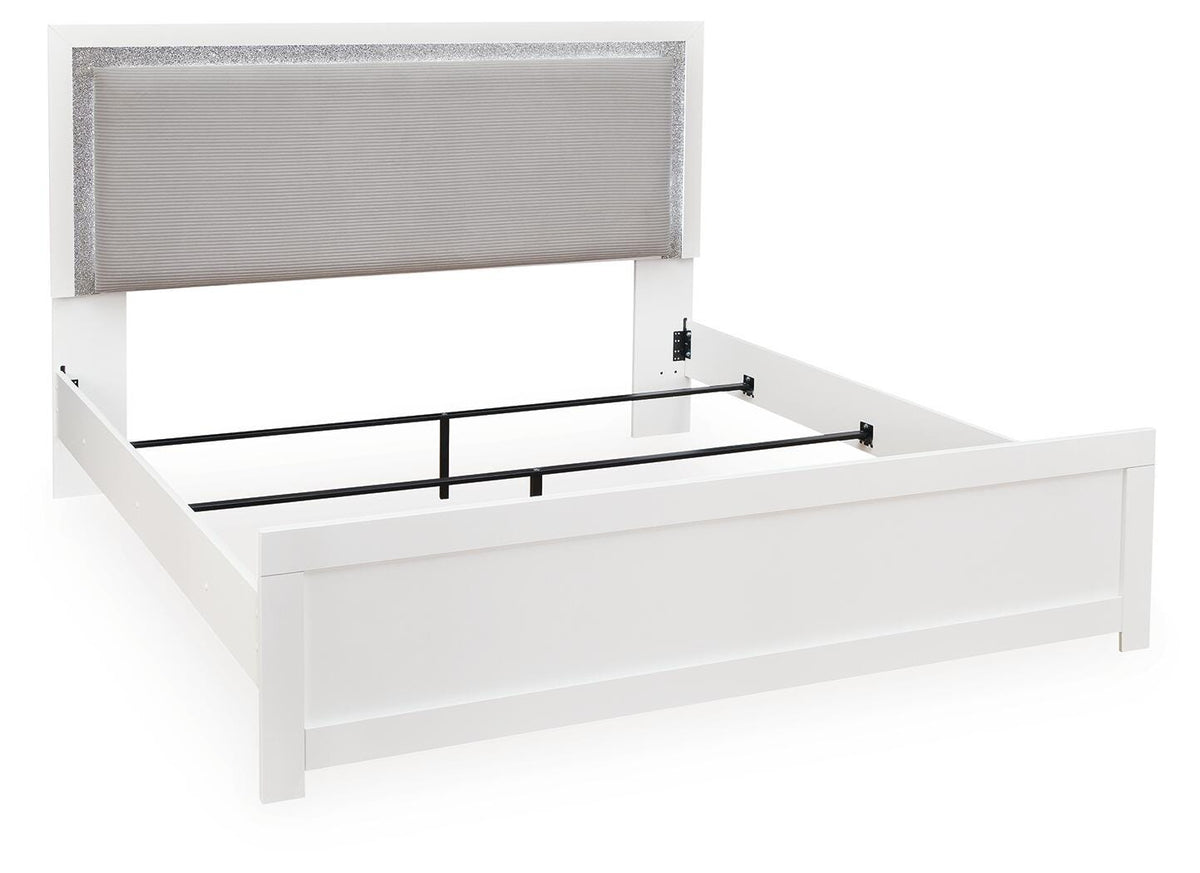 Maeling Queen Upholstered Panel Bed, Dresser, Mirror and Nightstand