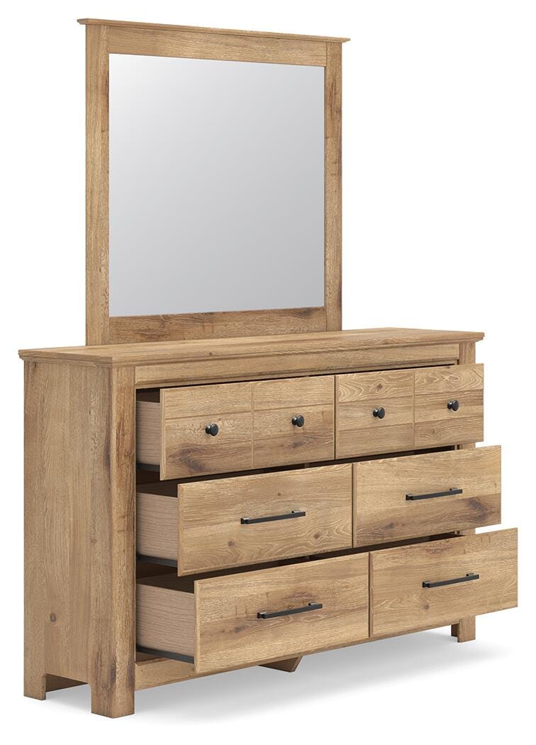 Makidern Queen Panel Bed with Storage, Dresser and Mirror