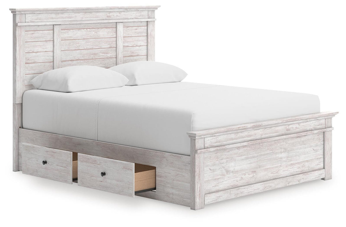 Makidern Queen Panel Bed with Storage, Dresser and Mirror