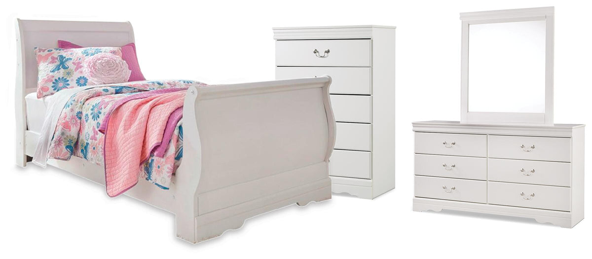 Anarasia Twin Sleigh Bed, Dresser, Mirror and Chest