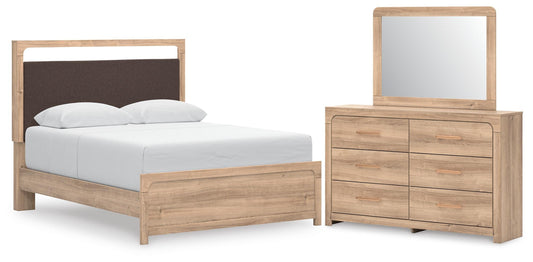 Kinlanni Queen Upholstered Panel Bed, Dresser and Mirror