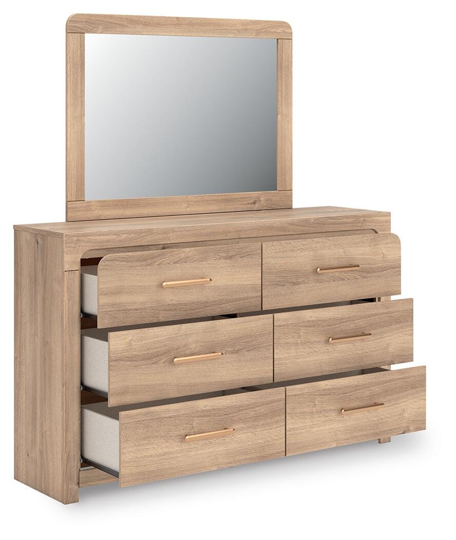 Kinlanni Queen Upholstered Panel Bed, Dresser and Mirror