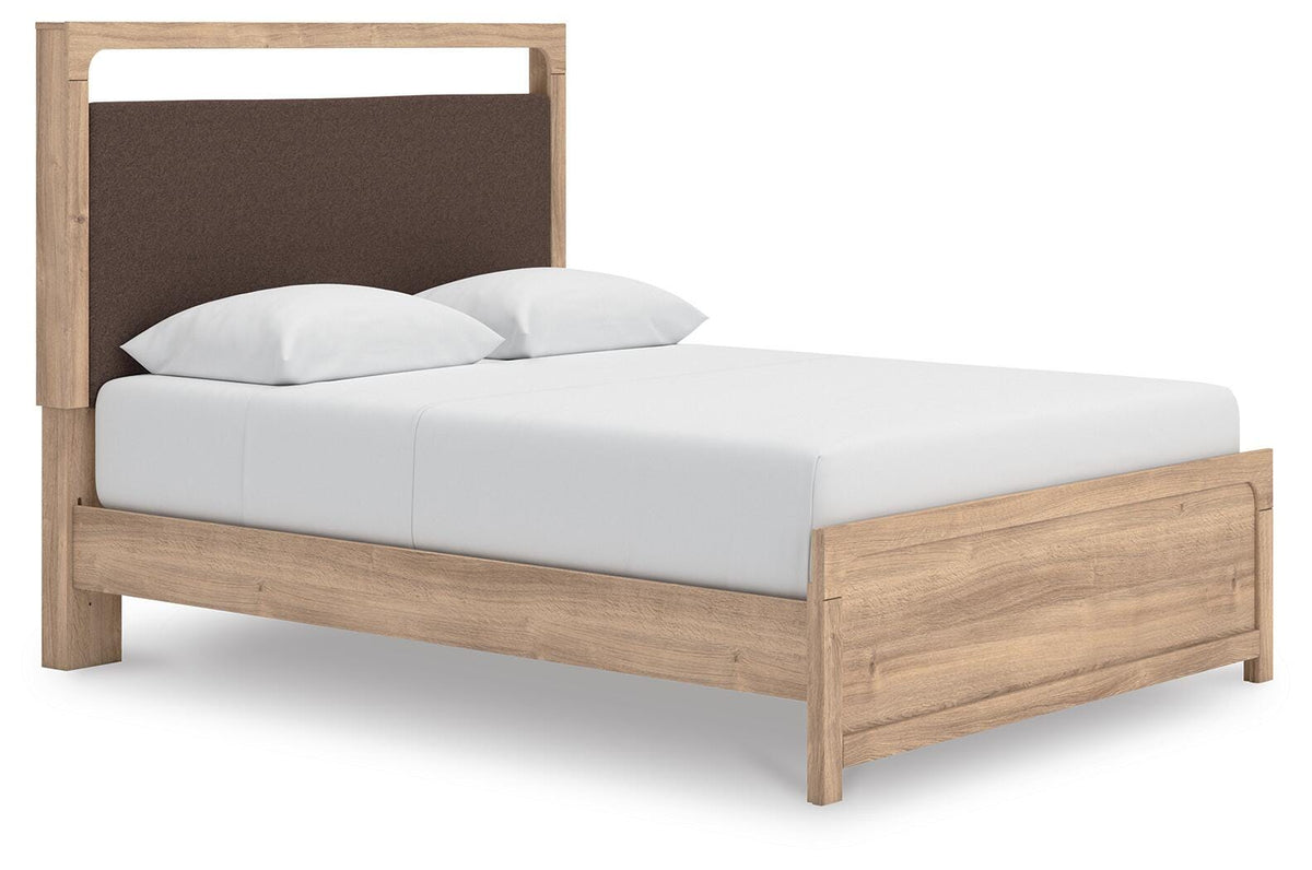 Kinlanni Queen Upholstered Panel Bed, Dresser and Mirror