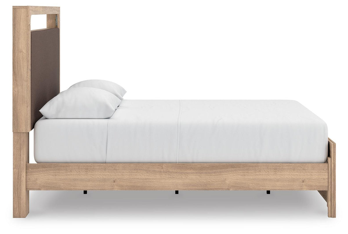 Kinlanni Queen Upholstered Panel Bed, Dresser and Mirror