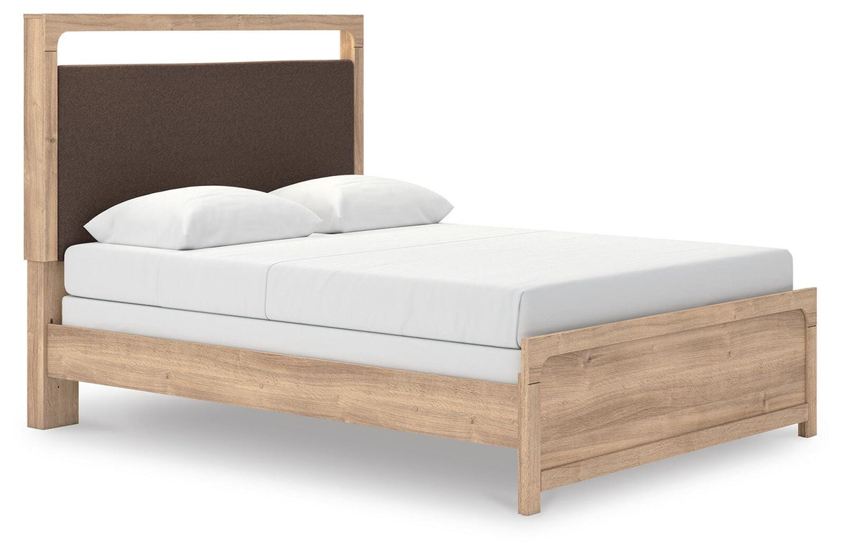 Kinlanni Queen Upholstered Panel Bed, Dresser and Mirror