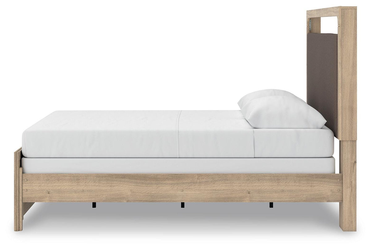 Kinlanni Queen Upholstered Panel Bed, Dresser and Mirror