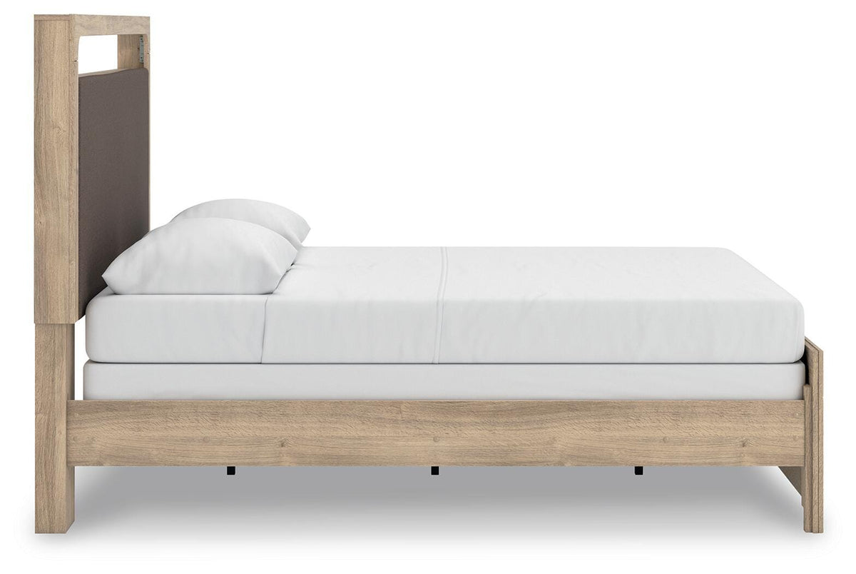 Kinlanni Queen Upholstered Panel Bed, Dresser and Mirror