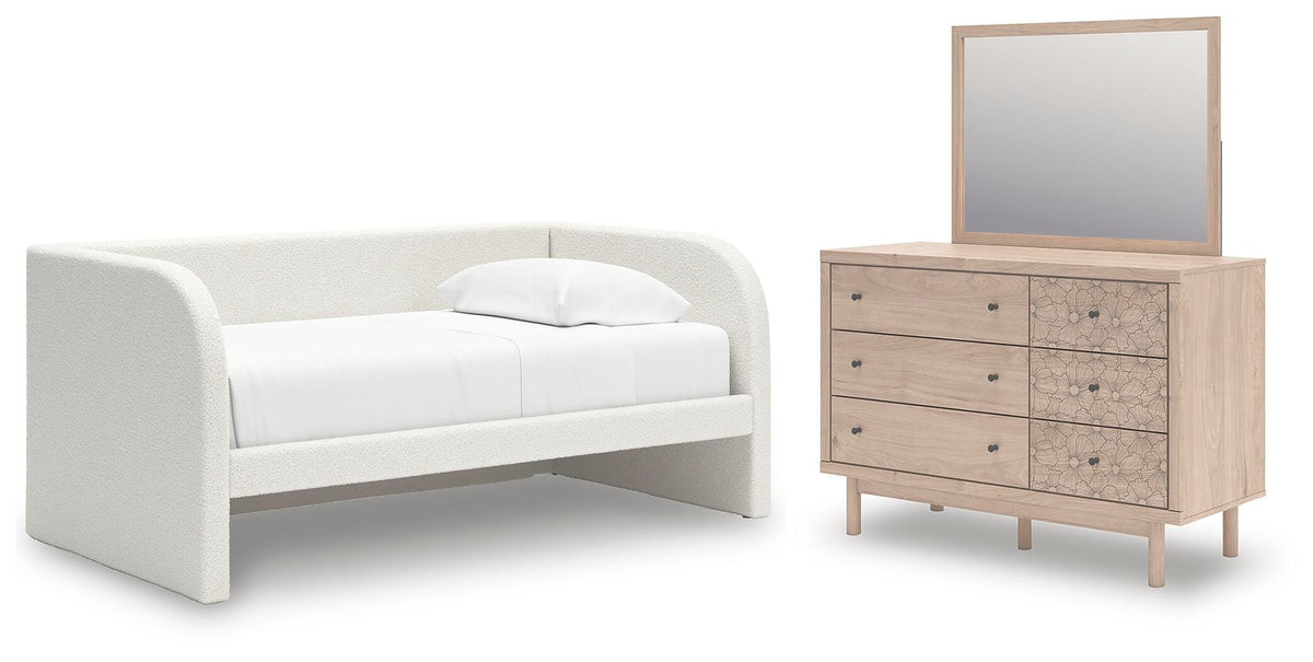 Arloster Twin Upholstered Day Bed, Dresser and Mirror