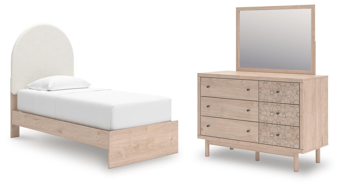Arloster Twin Upholstered Panel Bed, Dresser and Mirror
