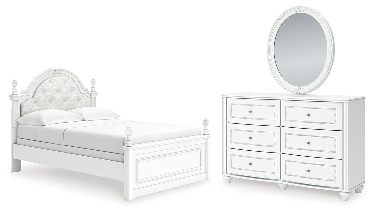 Kozlani Full Upholstered Panel Bed, Dresser and Mirror