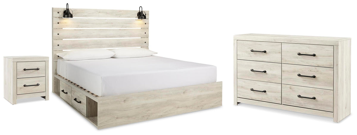 Cambeck King Panel Storage Bed. Dresser and Nightstand