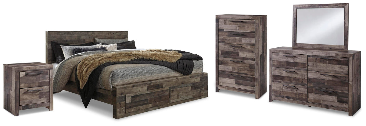 Derekson King Panel Storage Bed, Dresser, Mirror, Chest and Nightstand