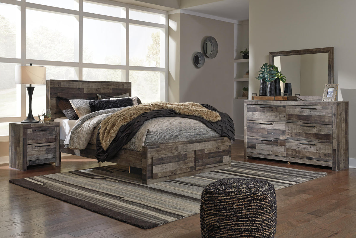 Derekson Queen Panel Storage Bed with Mirrored Dresser and Nightstand
