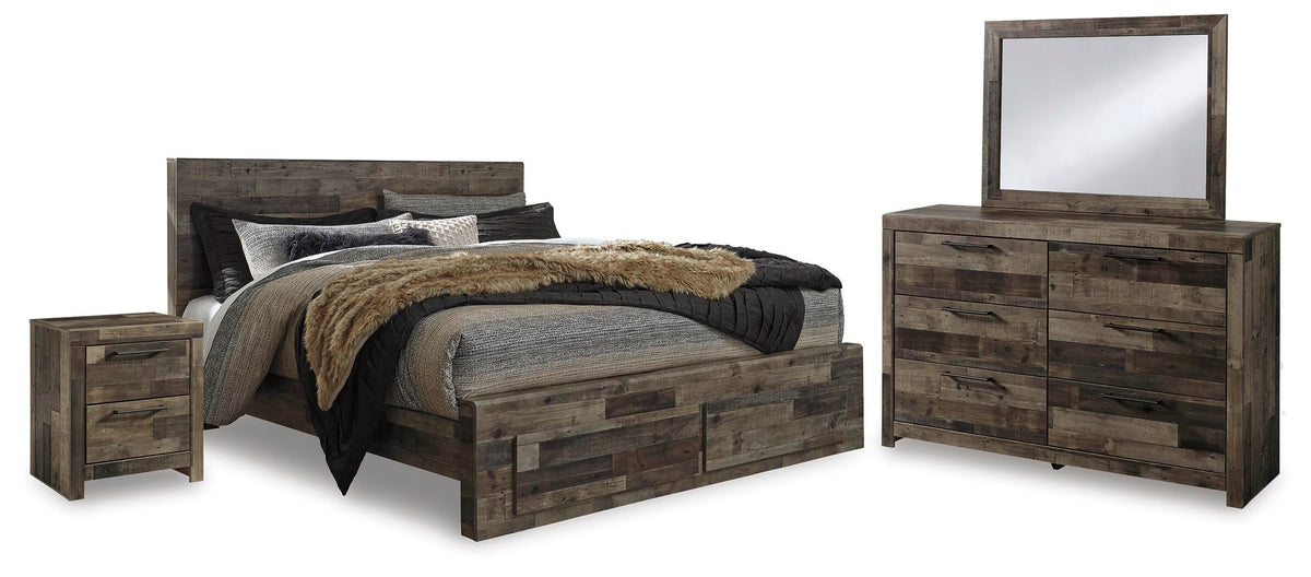 Derekson King Panel Storage Bed, Dresser, Mirror and Nightstand