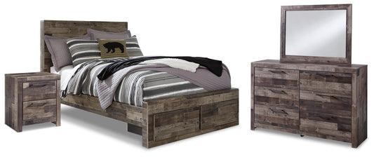 Derekson Full Panel Storage Bed, Dresser, Mirror and Nightstand