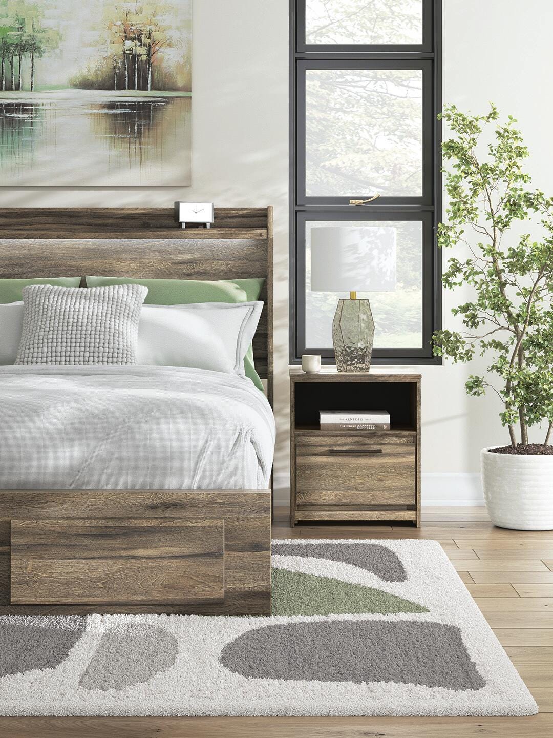 Elbrim Queen Panel Storage Bed, Dresser, Mirror and Nightstand
