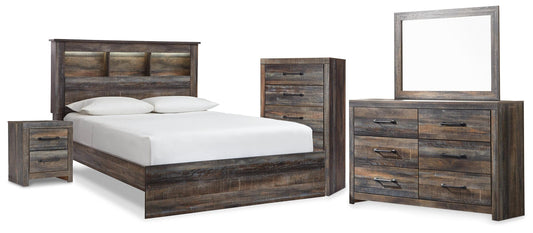 Drystan Queen Bookcase Panel Bed, Dresser, Mirror Chest and Nightstand