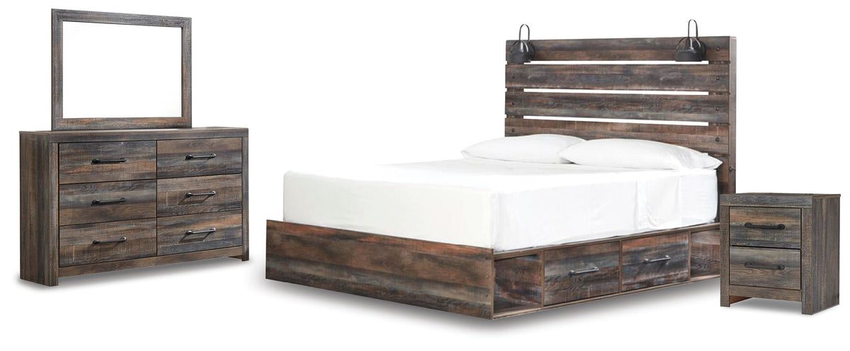 Drystan King Panel Bed with Storage, Dresser, Mirror and Nightstand