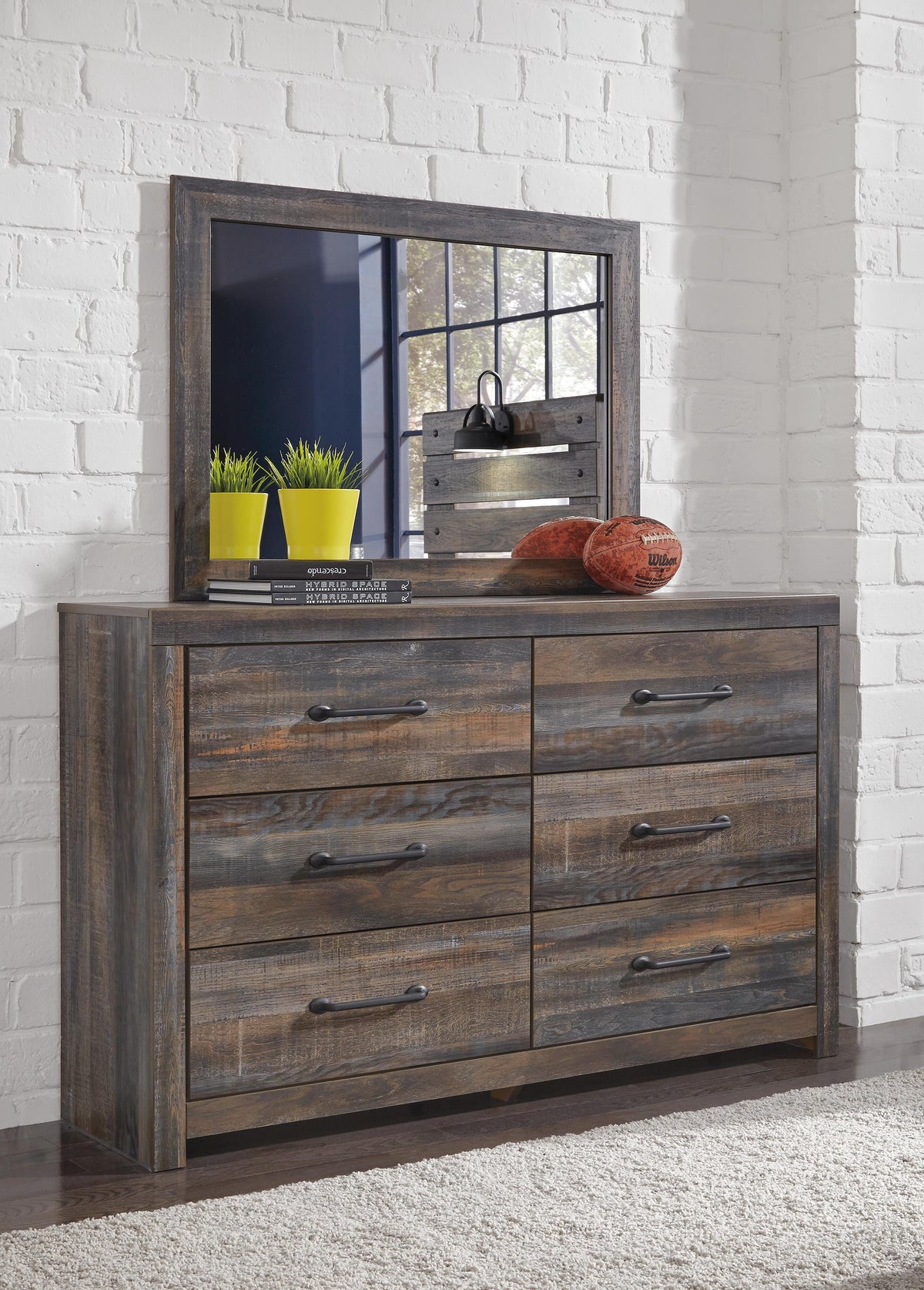 Drystan Queen Panel Bed with Storage, Dresser and Mirror