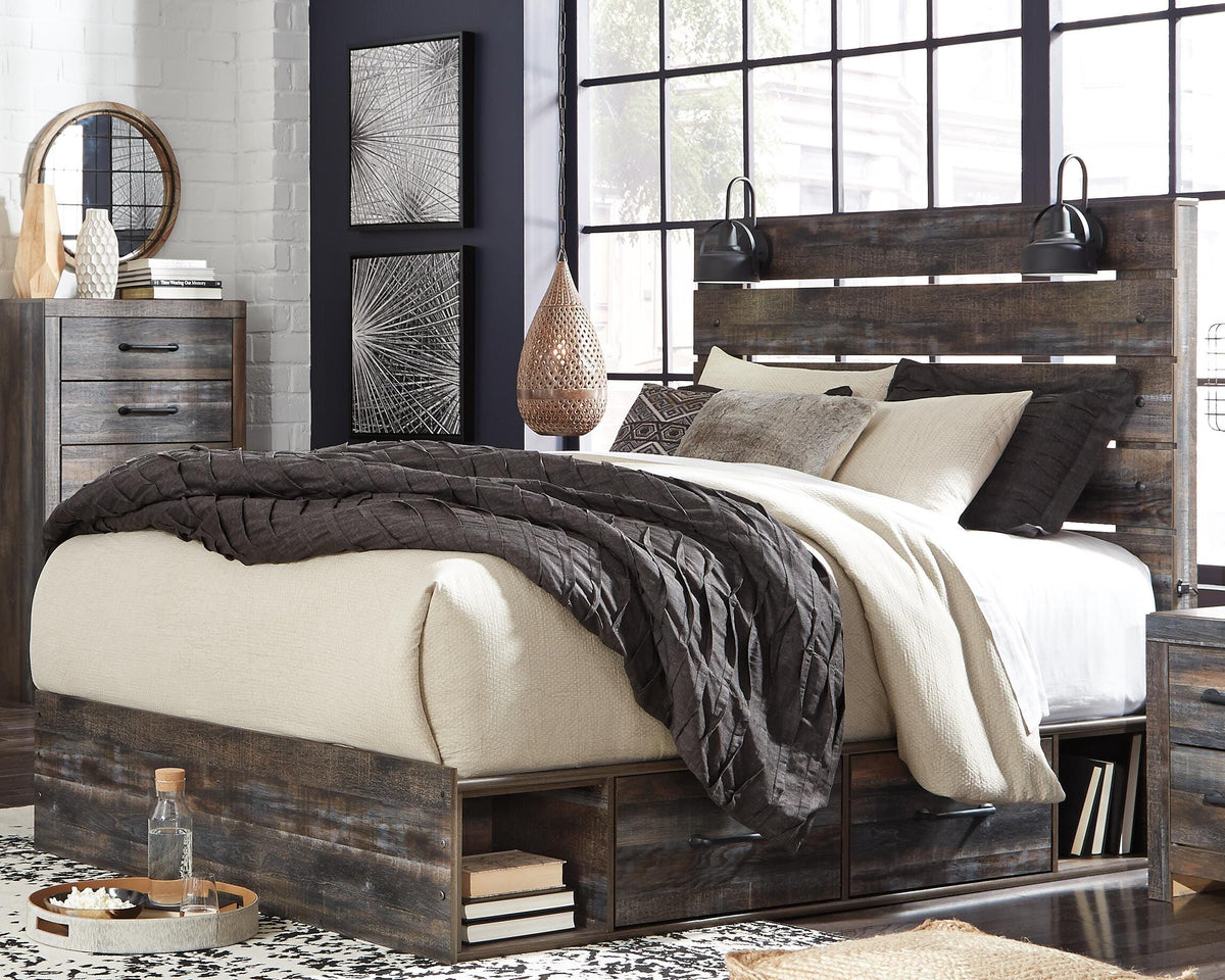 Drystan Queen Panel Bed with Storage, Dresser and Mirror