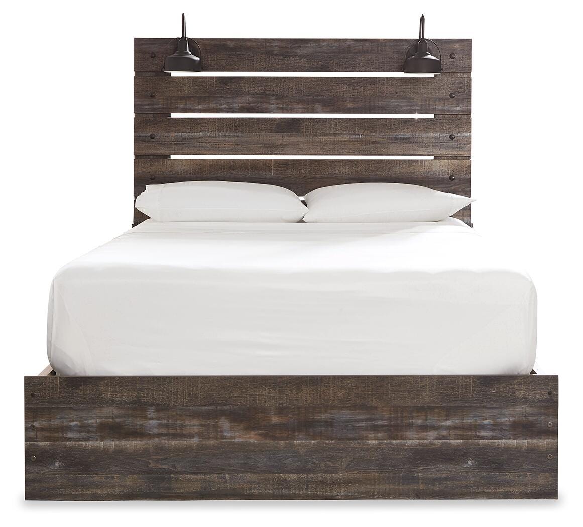 Drystan Queen Panel Bed with Storage, Dresser and Mirror