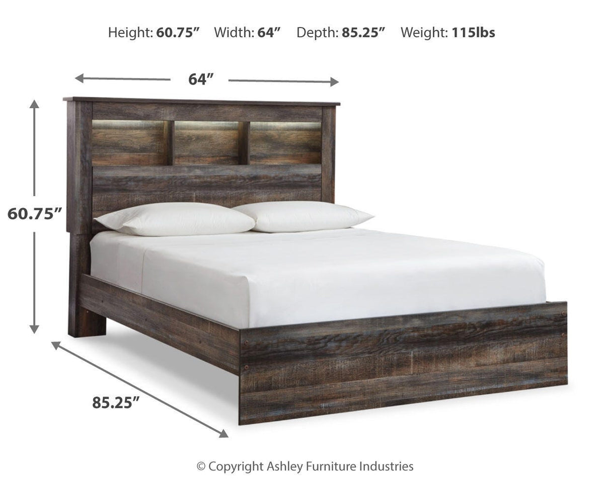 Drystan Queen Bookcase Panel Bed, Dresser, Mirror Chest and Nightstand