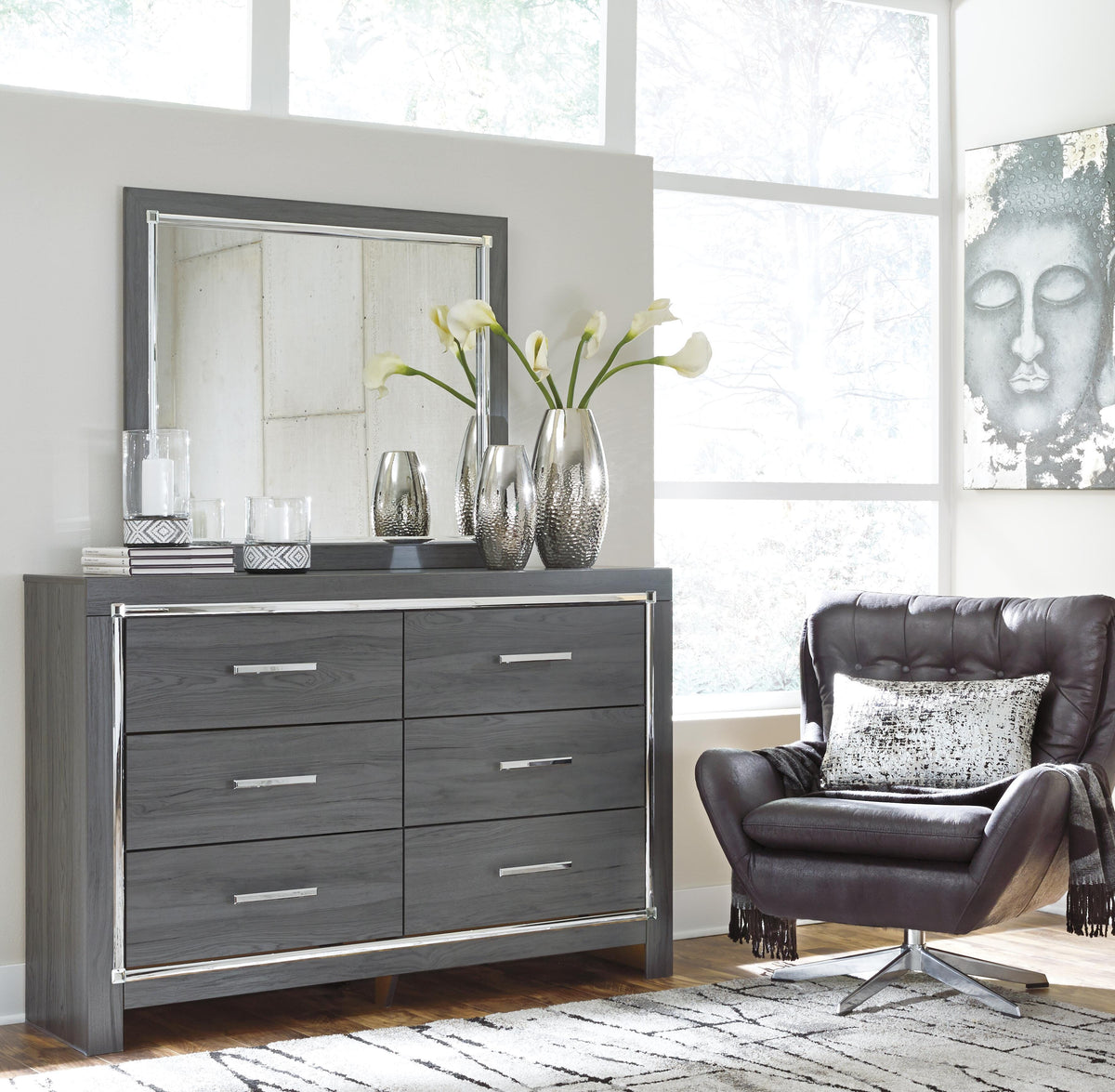 Lodanna Queen Upholstered Panel Bed, Dresser and Mirror