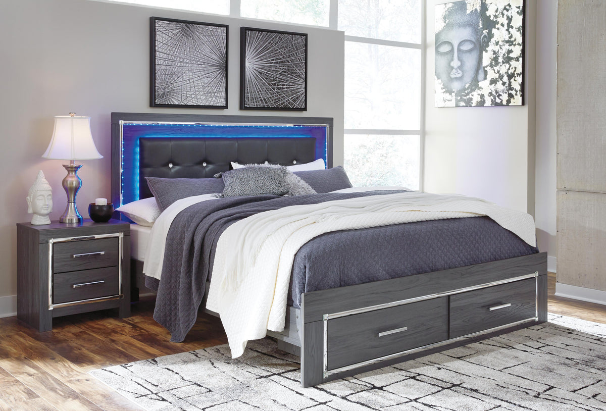 Lodanna King Upholstered Storage Bed, Dresser, Mirror, and Nightstand