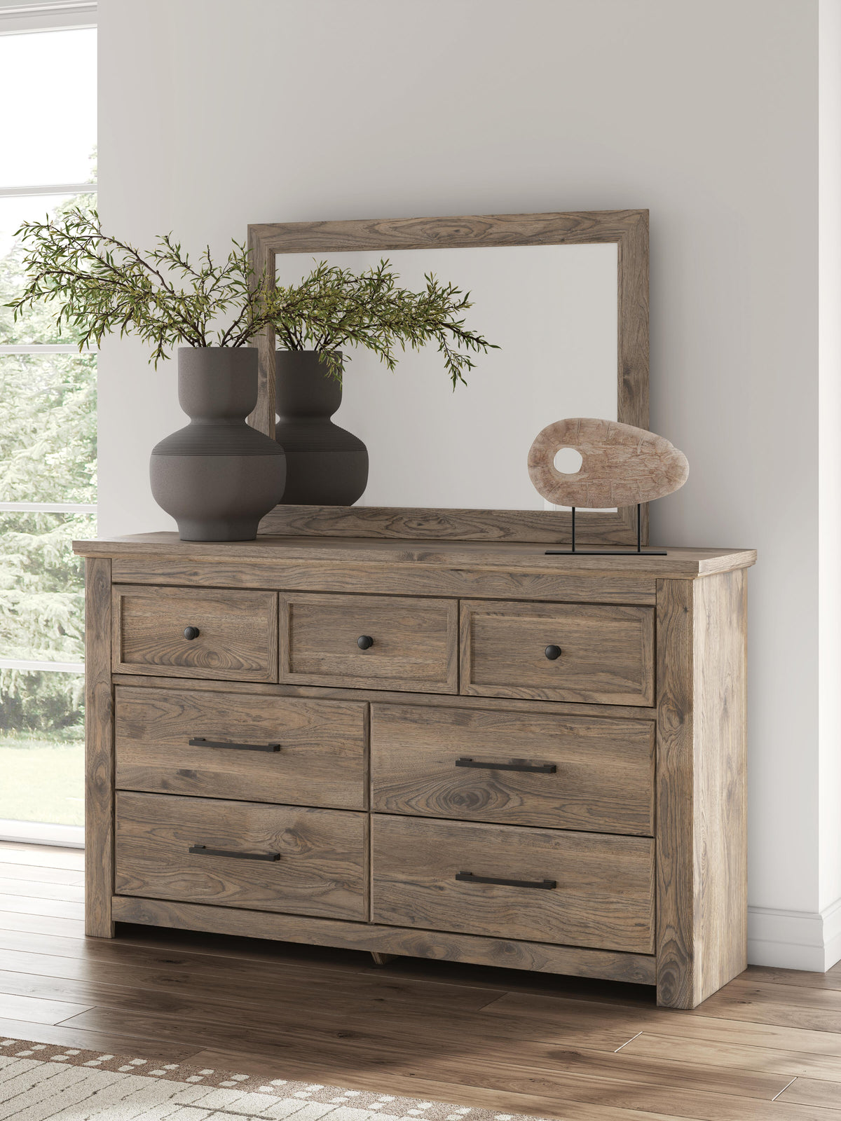 Rusticott King Poster Bed, Dresser, Mirror and Nightstand