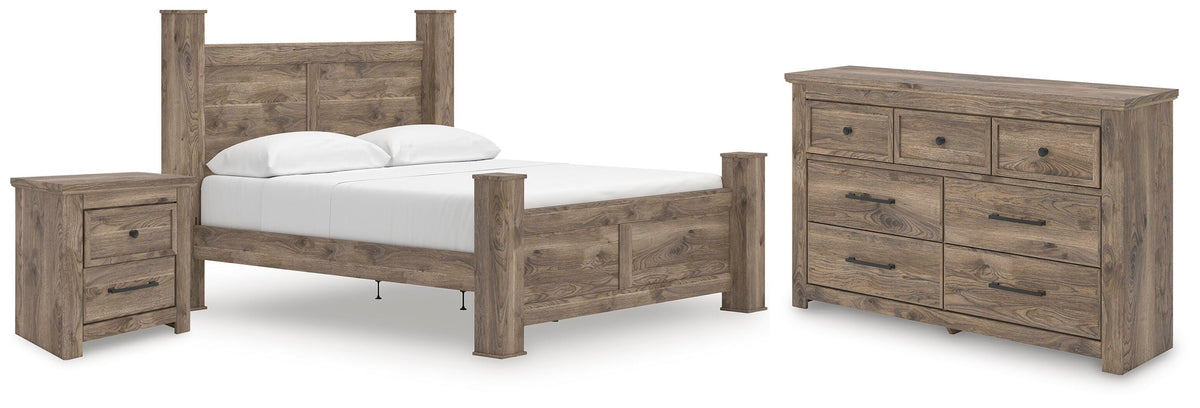 Rusticott King Poster Bed, Dresser and Nightstand