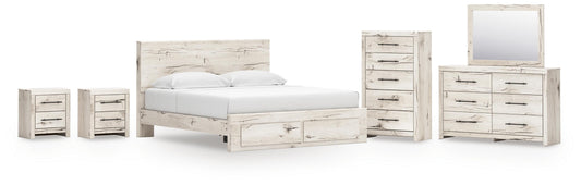Lawroy King Panel Storage Bed, Dresser, Mirror, Chest and 2 Nightstands