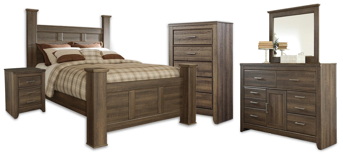 Juararo Queen Poster Bed, Dresser, Mirror, Chest and Nightstand