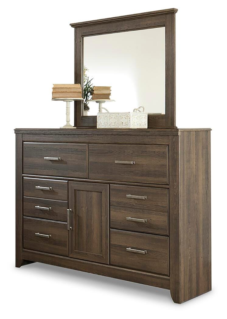 Juararo California King Panel Bed, Dresser, Mirror, Chest and Nightstand