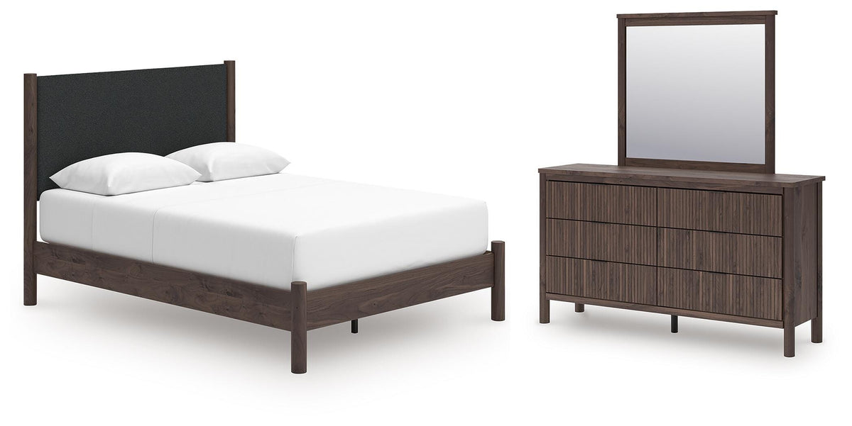 Pamytta Queen Upholstered Platform Bed, Dresser and Mirror