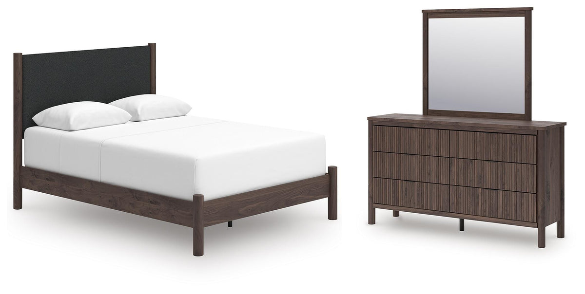 Pamytta Queen Upholstered Panel Bed, Dresser and Mirror