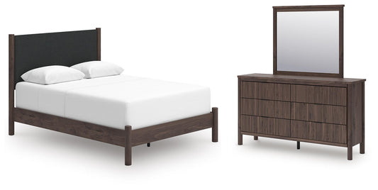 Pamytta Queen Upholstered Panel Bed, Dresser and Mirror