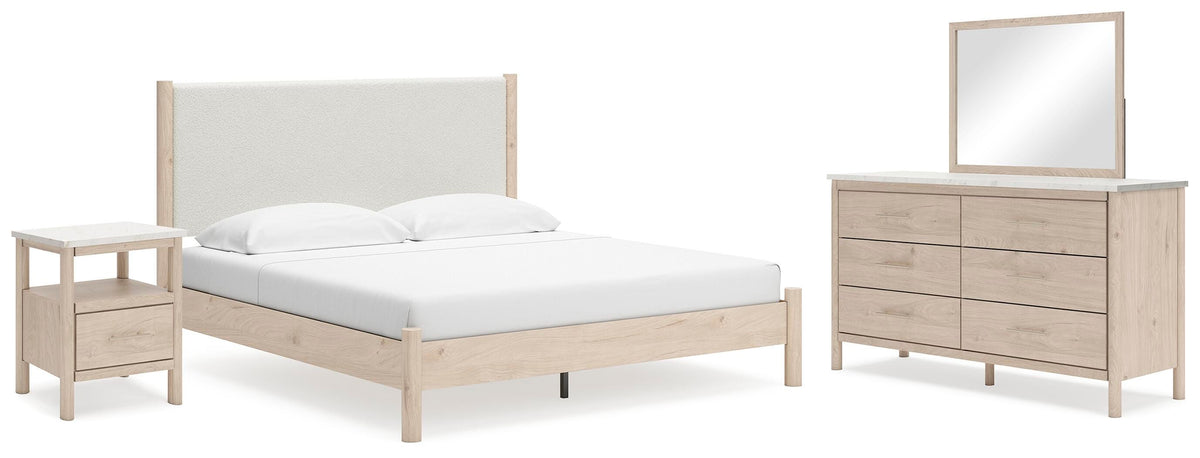 Cadmori King Upholstered Panel Bed, Dresser, Mirror and Nightstand
