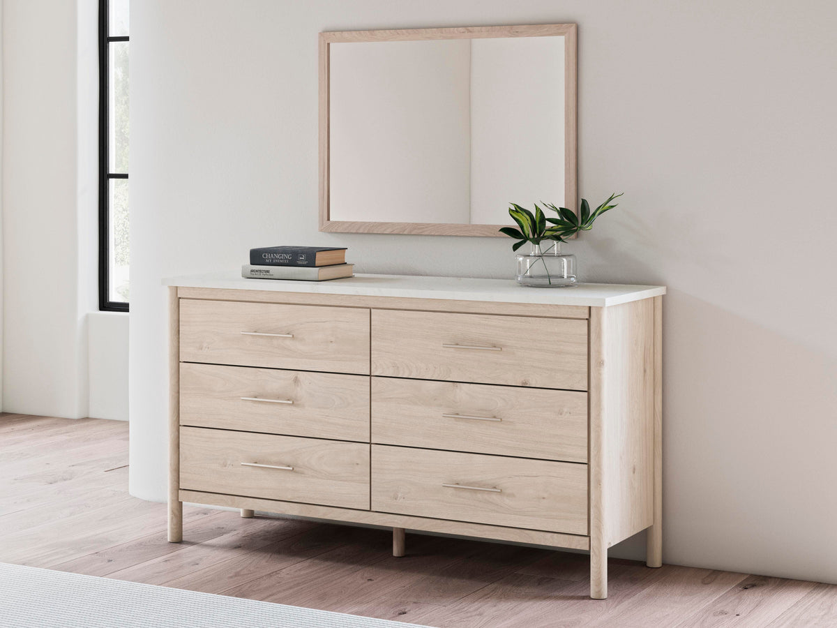 Cadmori King Upholstered Panel Bed, Dresser, Mirror and Nightstand