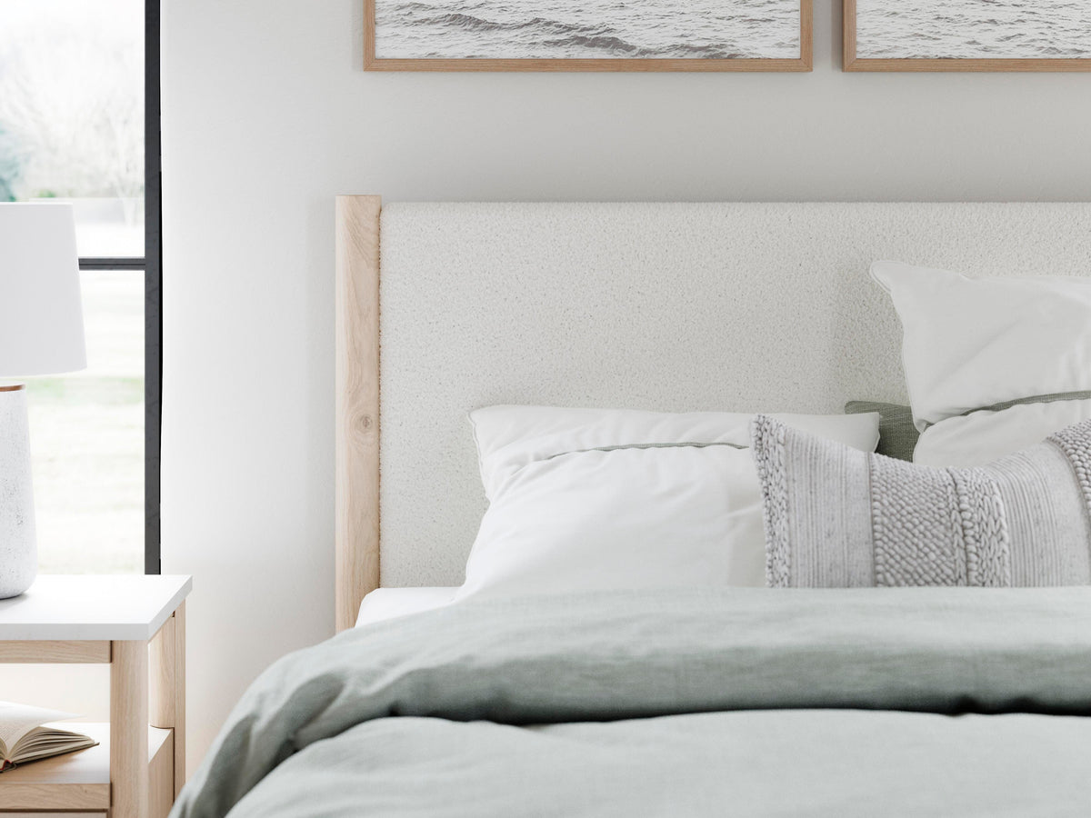 Cadmori Queen Upholstered Panel Bed, Dresser and Mirror