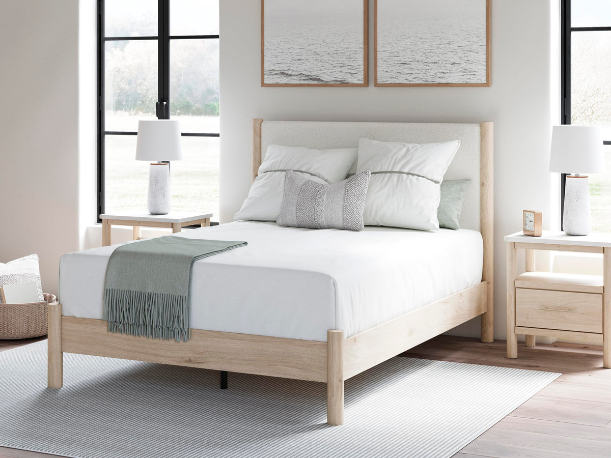 Cadmori Queen Upholstered Panel Bed, Dresser and Mirror