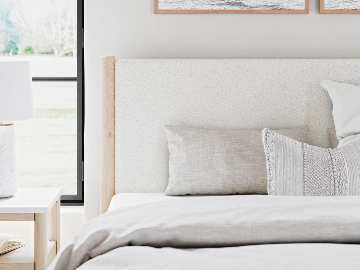 Cadmori King Upholstered Panel Bed, Dresser, Mirror and Nightstand