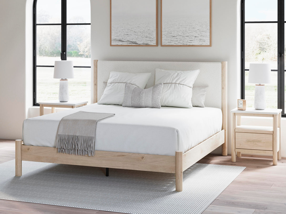 Cadmori King Upholstered Panel Bed, Dresser, Mirror and Nightstand