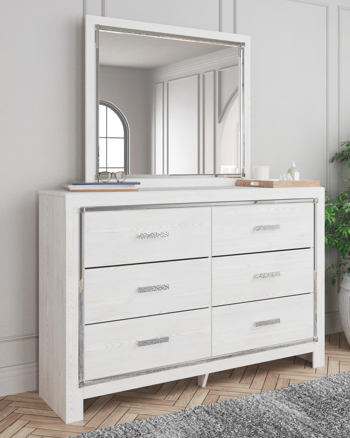 Altyra Queen Upholstered Panel Bed, Dresser and Mirror